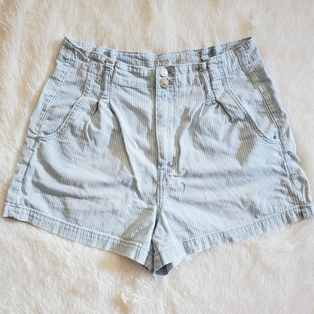 EUC American Eagle super high-waisted light wash striped denim shorts